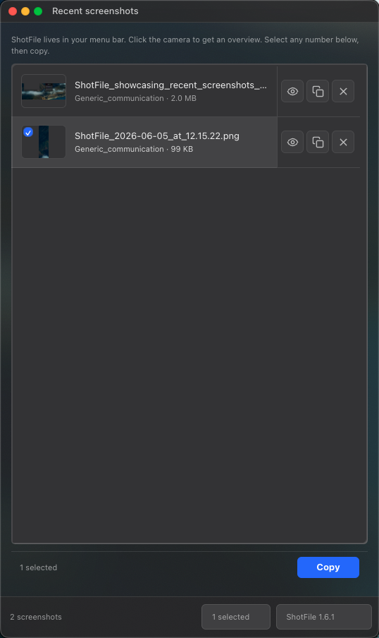 ShotFile recent screenshots panel