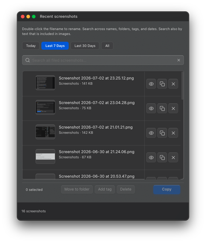 ShotFile recent screenshots panel with time period filters and OCR search