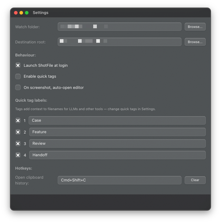 ShotFile settings window