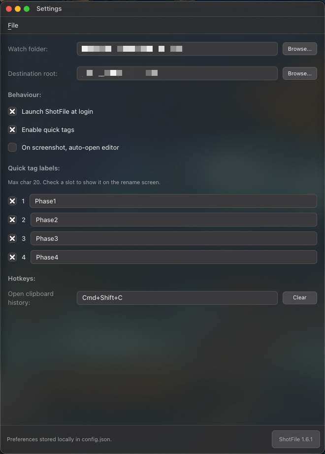 ShotFile settings window